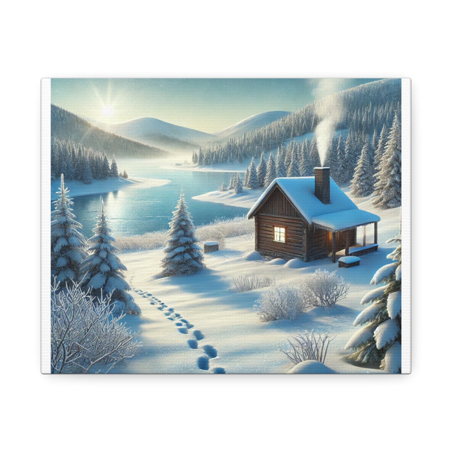 Snowy Cabin Winter Lake Landscape Art Canvas