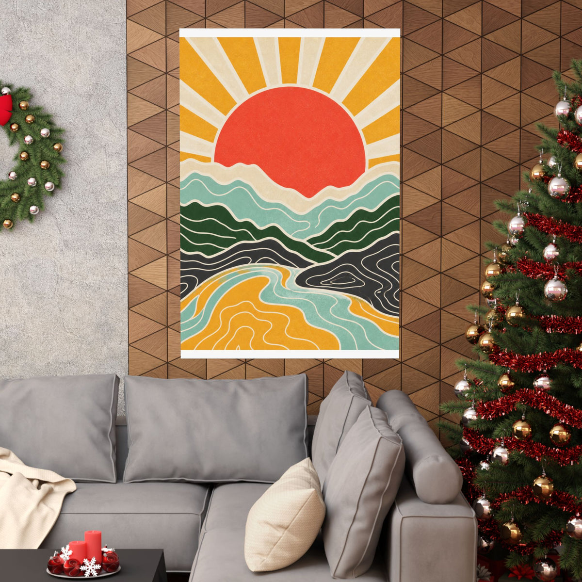Topographic Sunrise Mid Century Mountain Art Poster