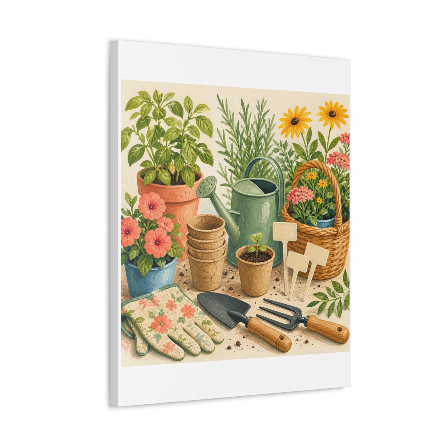 Colorful Gardening Tools and Flowers Canvas Art