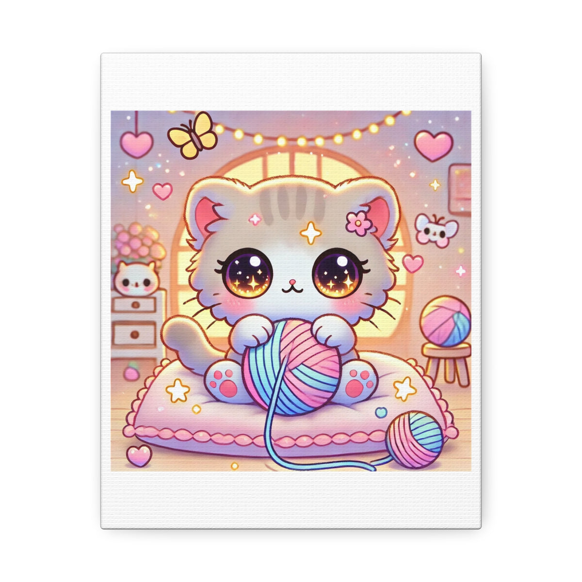 Cozy Kawaii Knitting Cat Pastel Yarn Canvas Wall Art