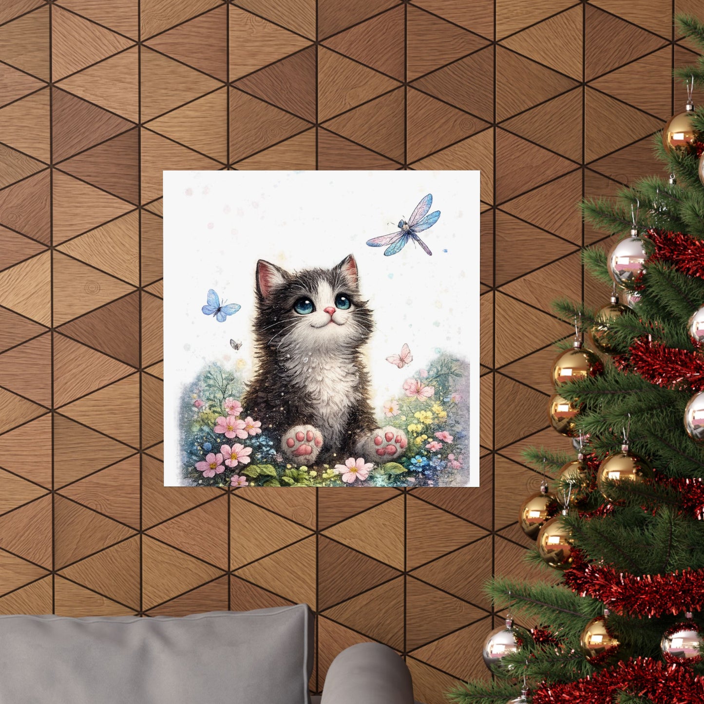 Whimsical Kitten Butterfly Garden Art Poster