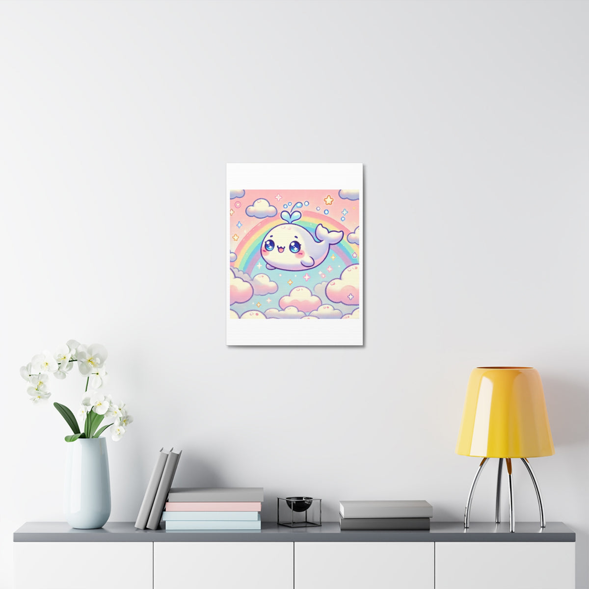 Kawaii Rainbow Whale Pastel Cloud Canvas Wall Art