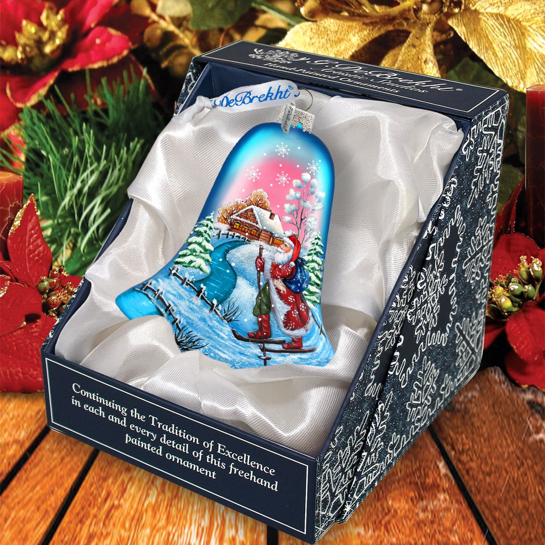 Santa on Ski Bell Glass Ornament by G. DeBrekht - Christmas Santa Snowman Decor - 73342