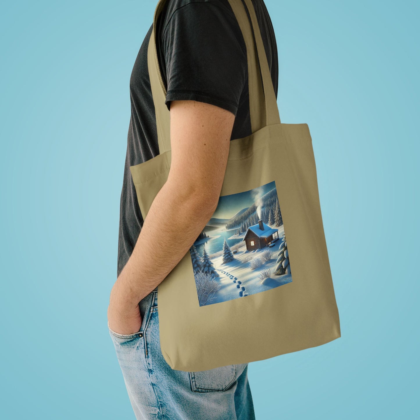 Snowy Cabin Winter Lake Landscape Art Tote Bag