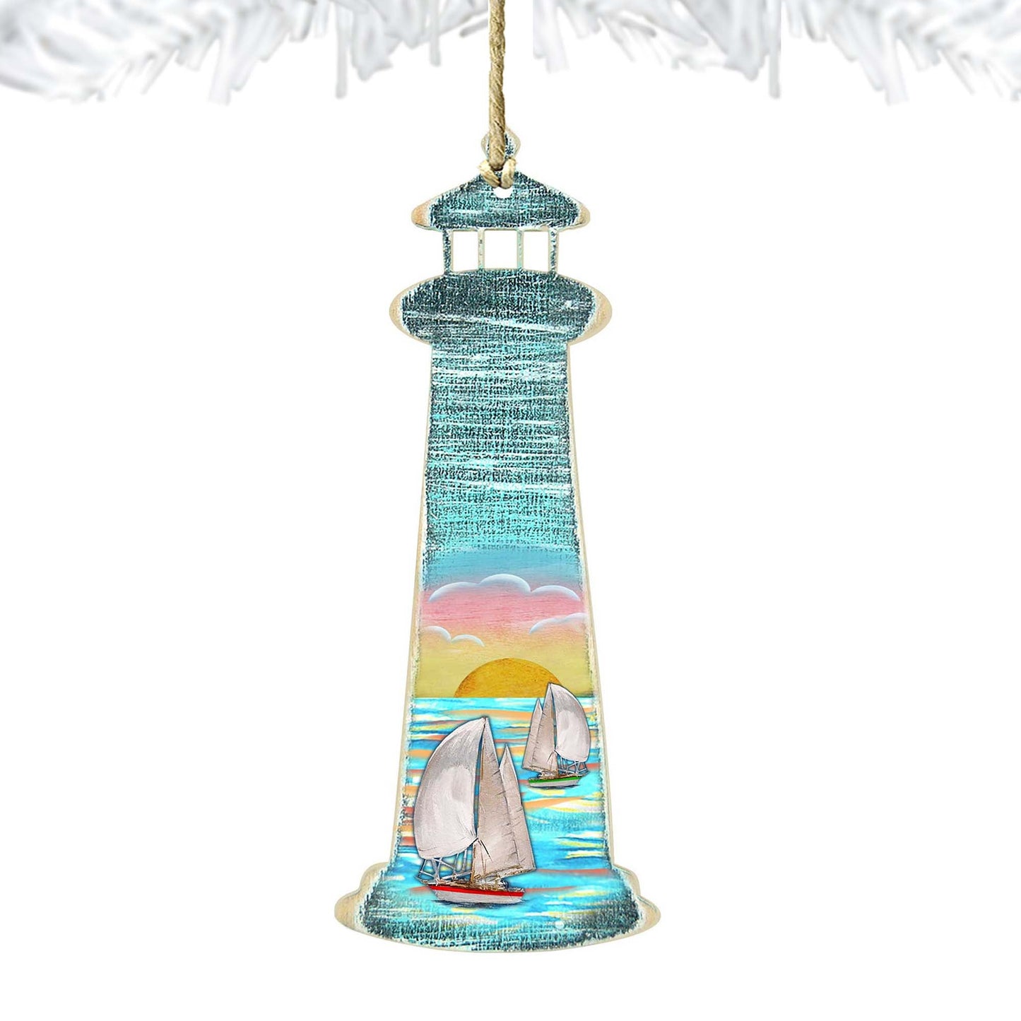 Lighthouse Palm Tree Wooden Ornaments by G. DeBrekht - Coastal Holiday Decor - 8198526