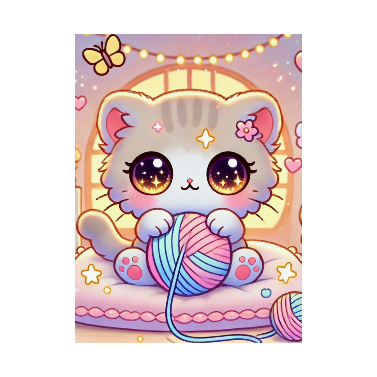 Cozy Kawaii Knitting Cat Pastel Yarn Wall Art Poster