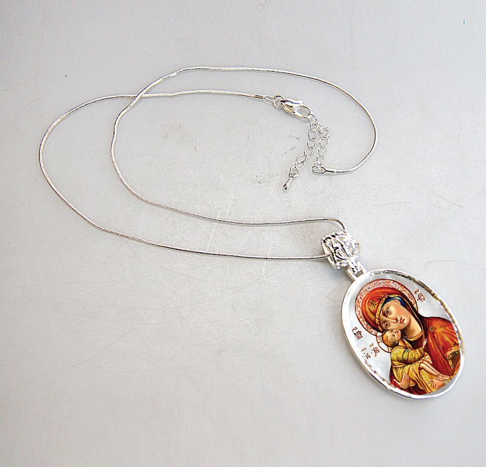 Holy Virgin Mary Vladimir Silver Plated Mother of Pearl Necklace Jewelry - 43011