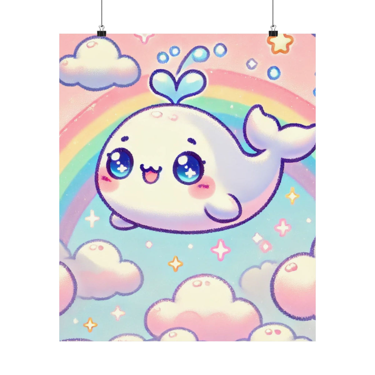 Kawaii Rainbow Whale Pastel Cloud Wall Art Poster