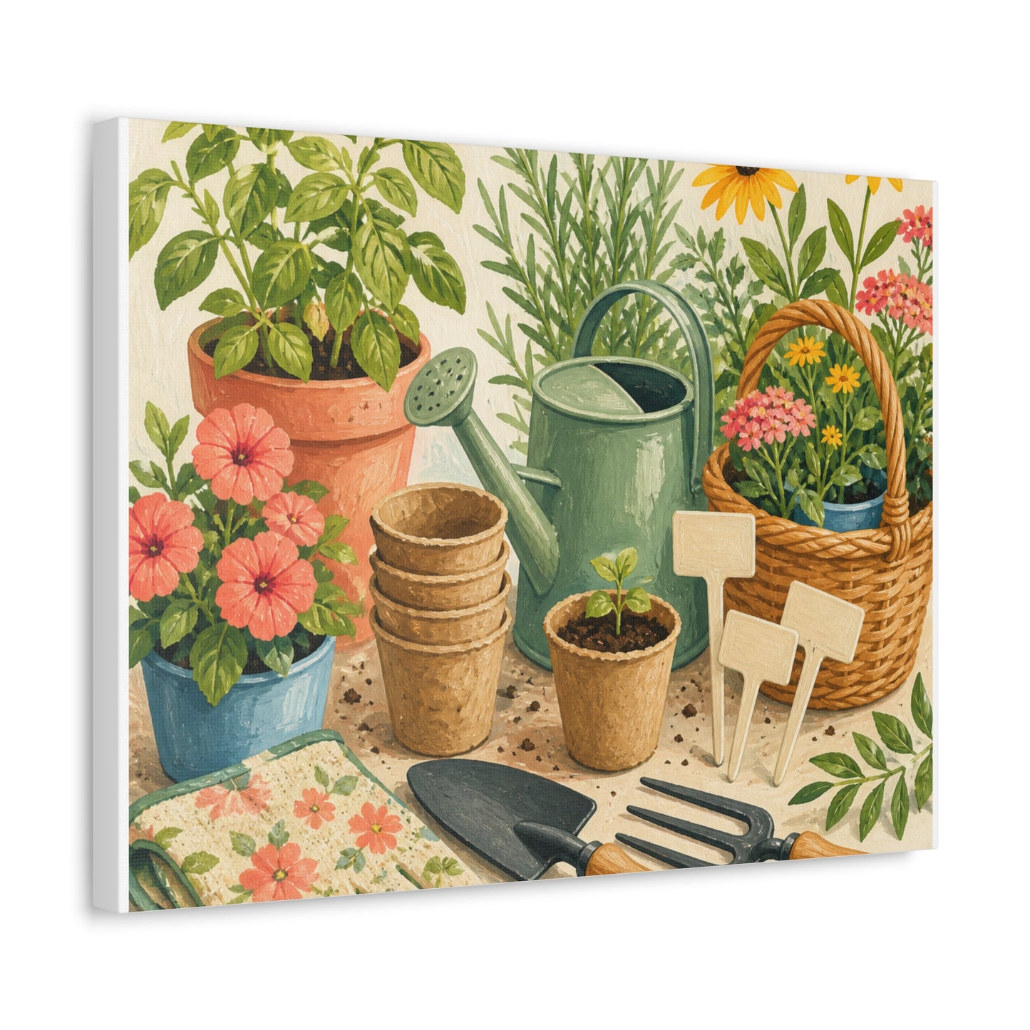 Colorful Gardening Tools and Flowers Canvas Art