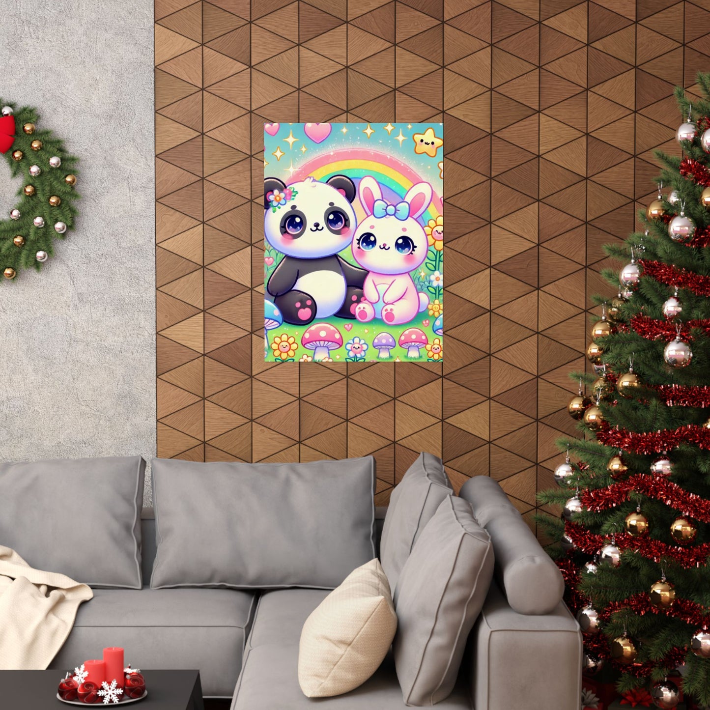 Pastel Panda and Bunny Rainbow Garden Wall Art Poster