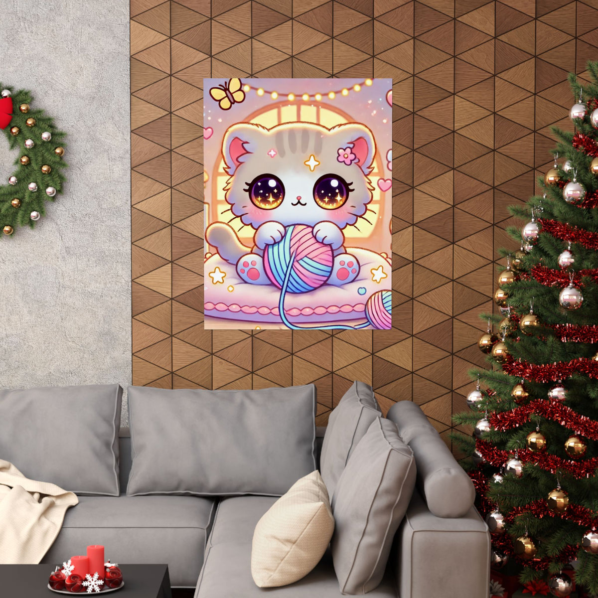 Cozy Kawaii Knitting Cat Pastel Yarn Wall Art Poster