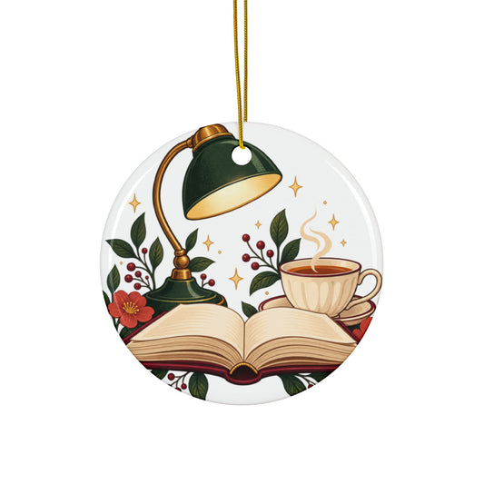 Cozy Book Lamp and Botanical Reading Art Round Ornament