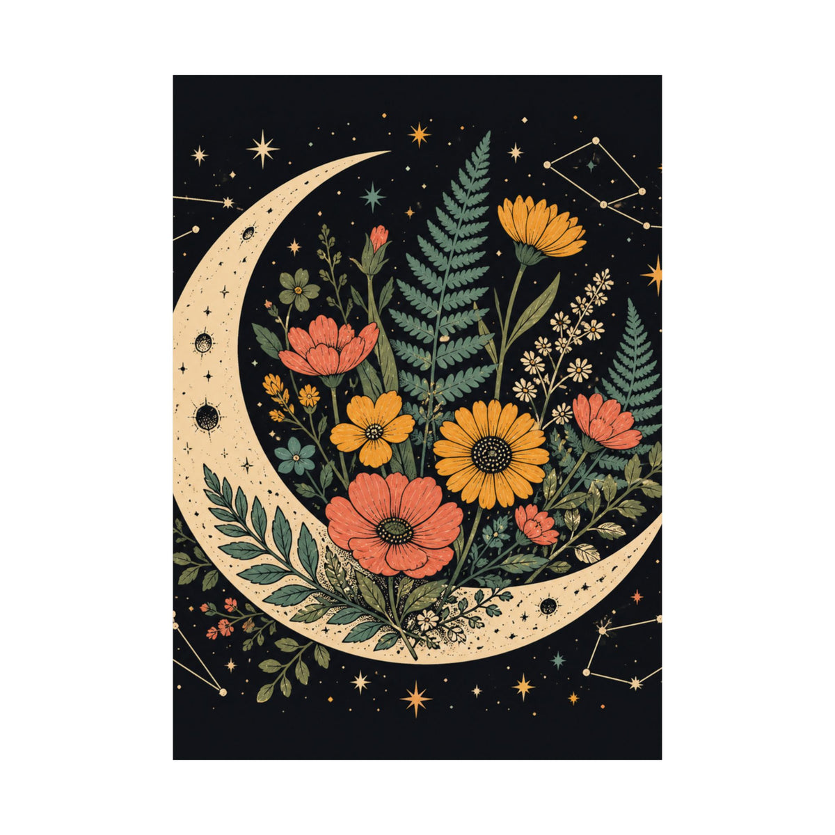 Celestial Wildflower Crescent Moon Botanical Art Poster
