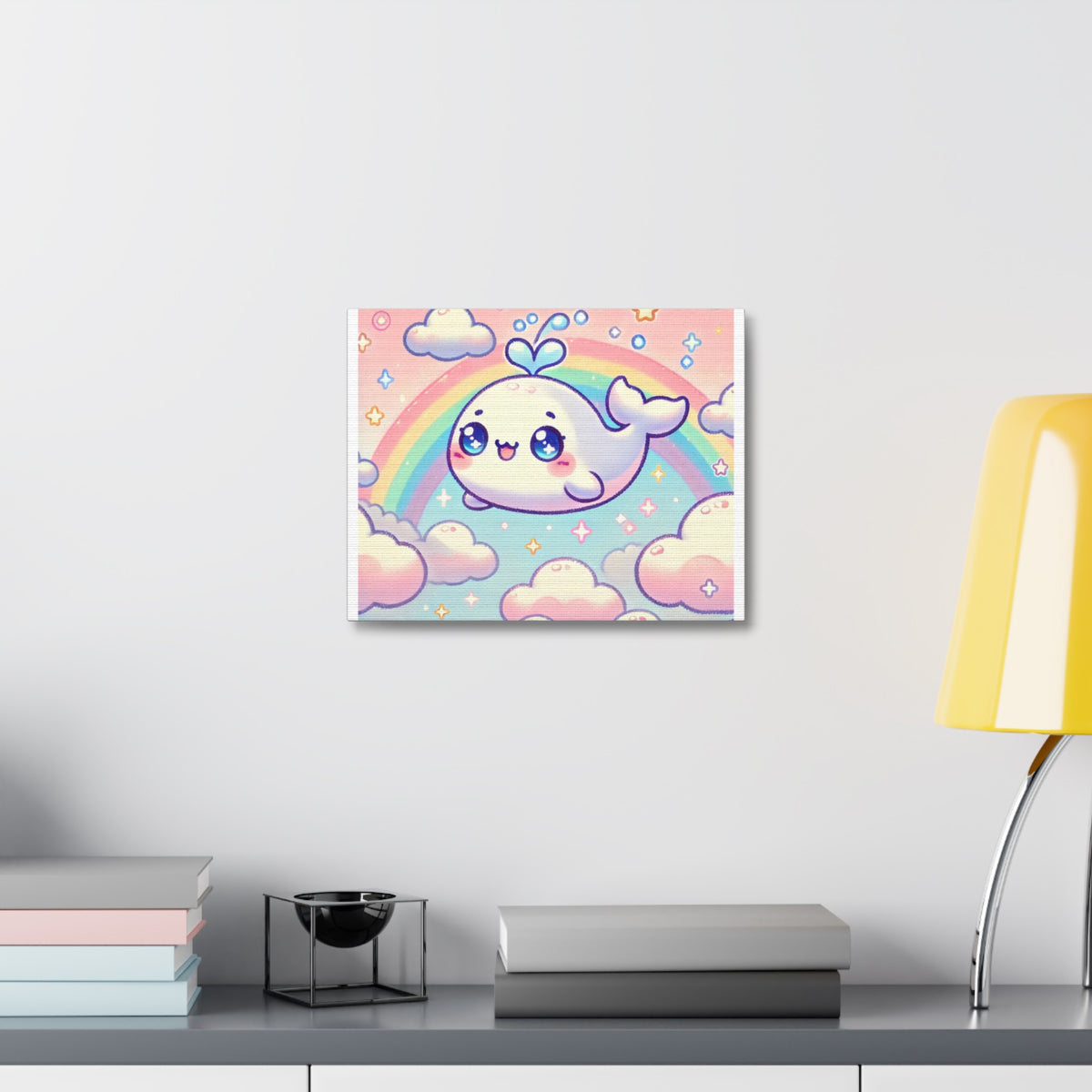 Kawaii Rainbow Whale Pastel Cloud Canvas Wall Art