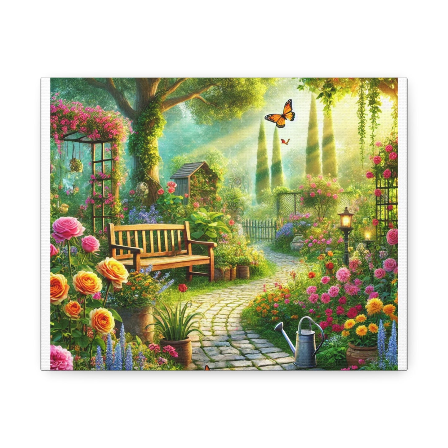 Sunlit Spring Flower Garden Bench Canvas