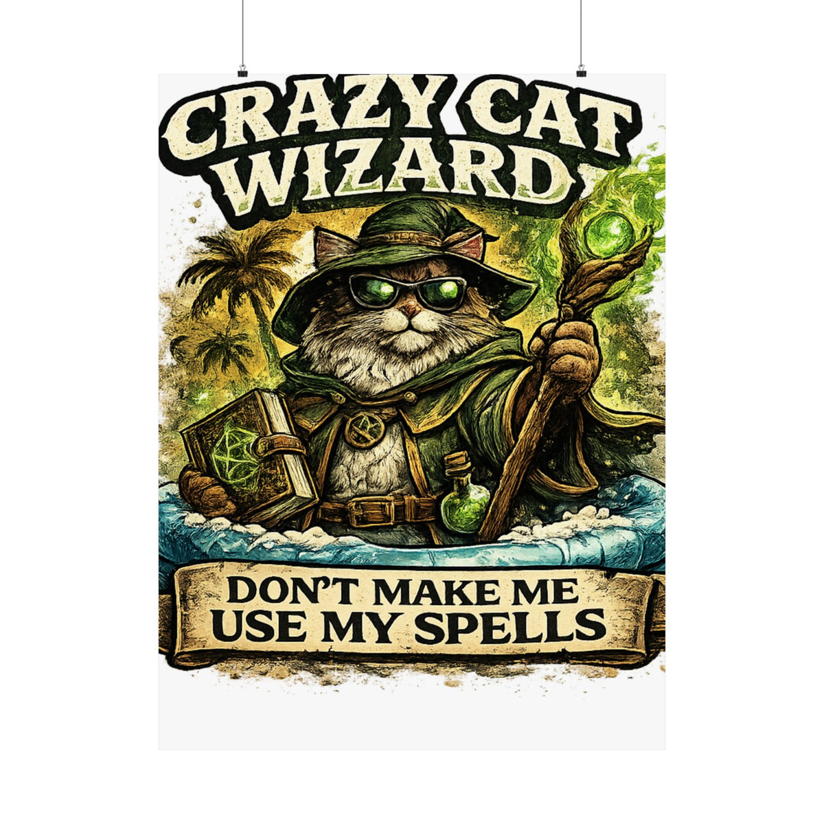 Crazy Cat Wizard Funny Fantasy Magic Art Poster