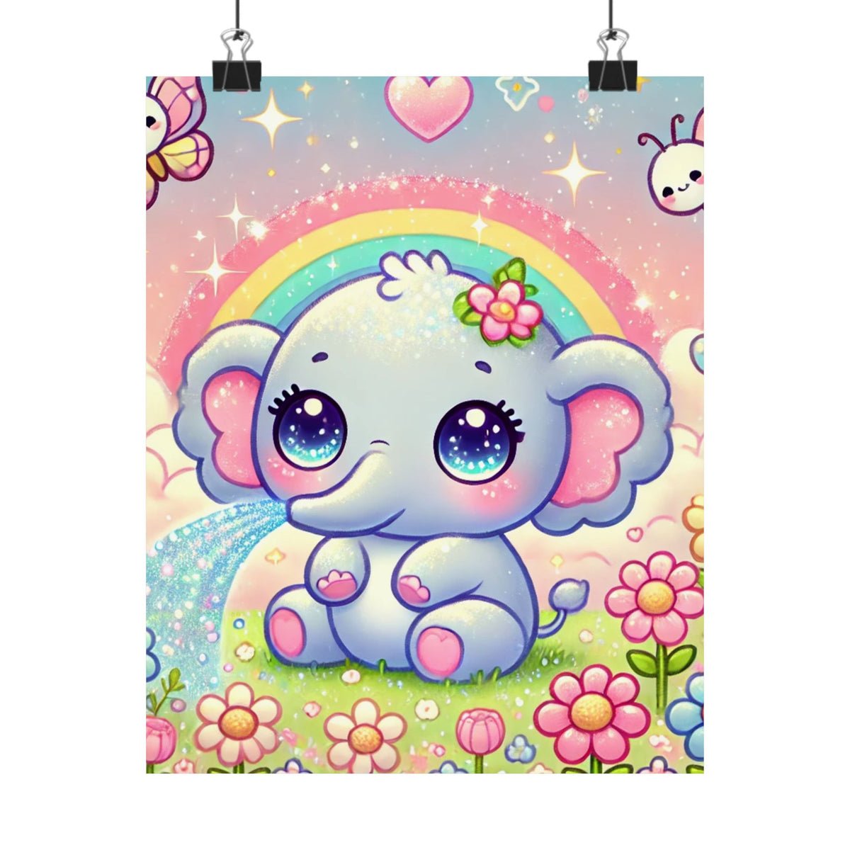Pastel Rainbow Baby Elephant Floral Wall Art Poster