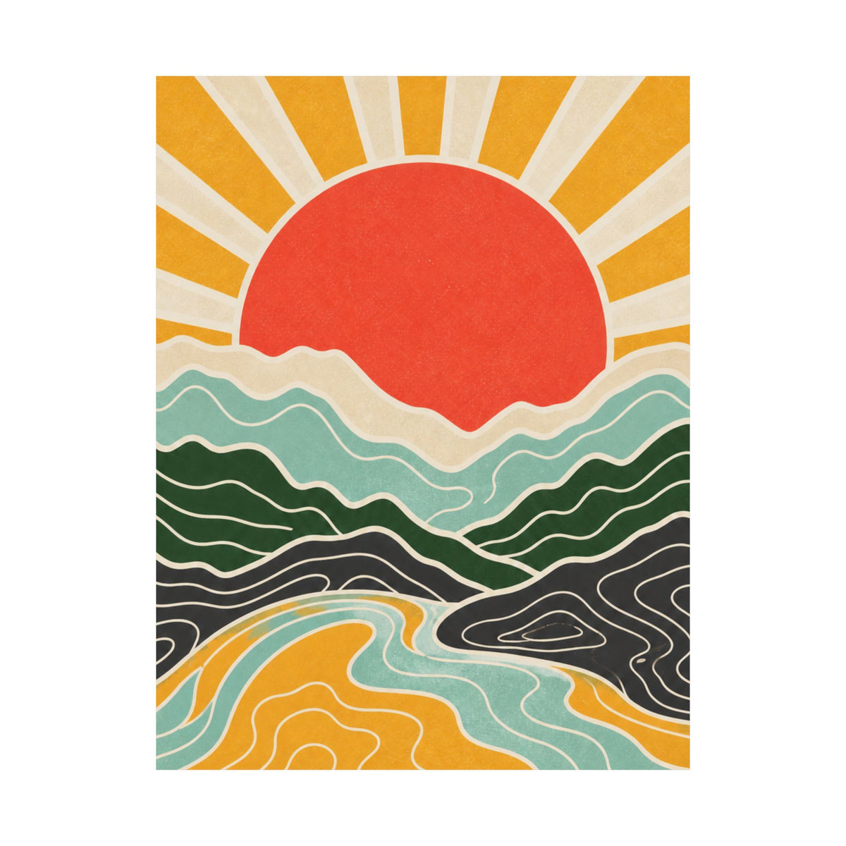Topographic Sunrise Mid Century Mountain Art Poster