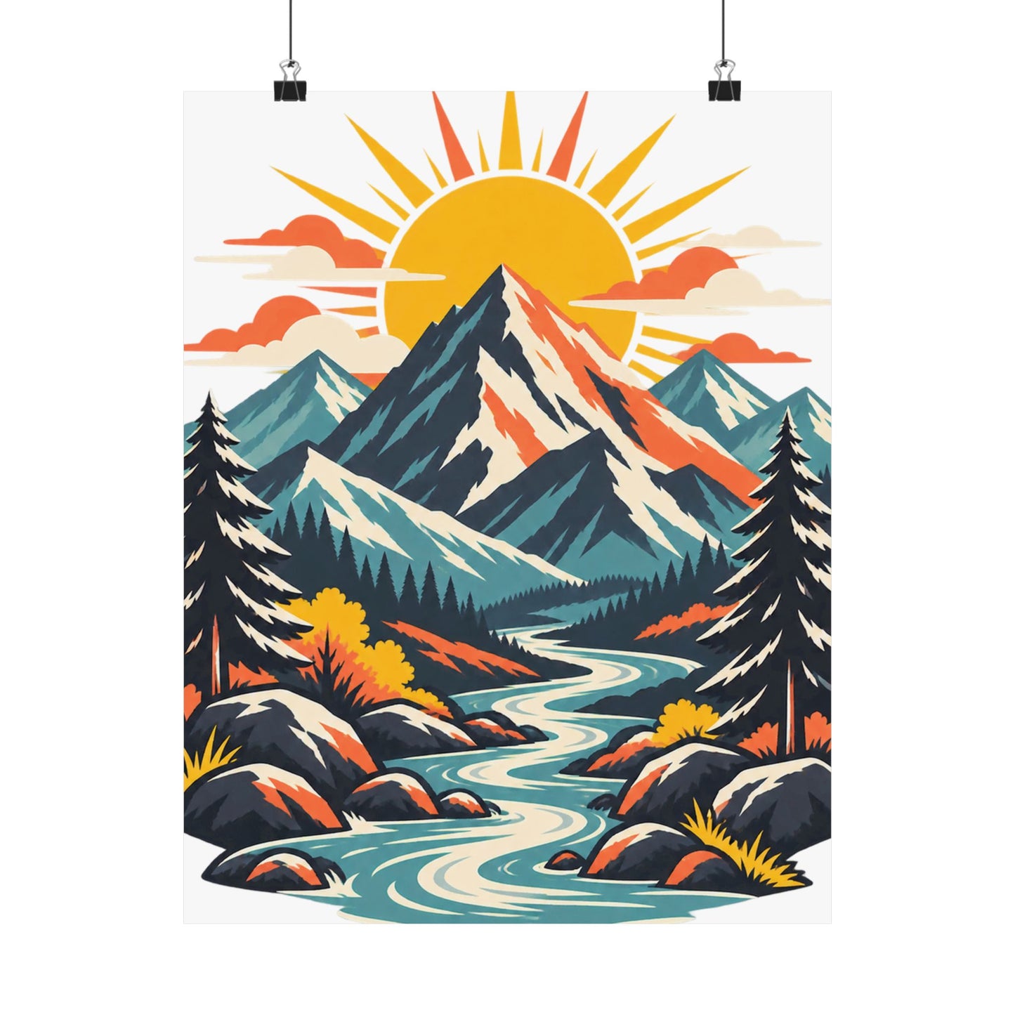Alpine Sunrise River Mountain Adventure Art Poster