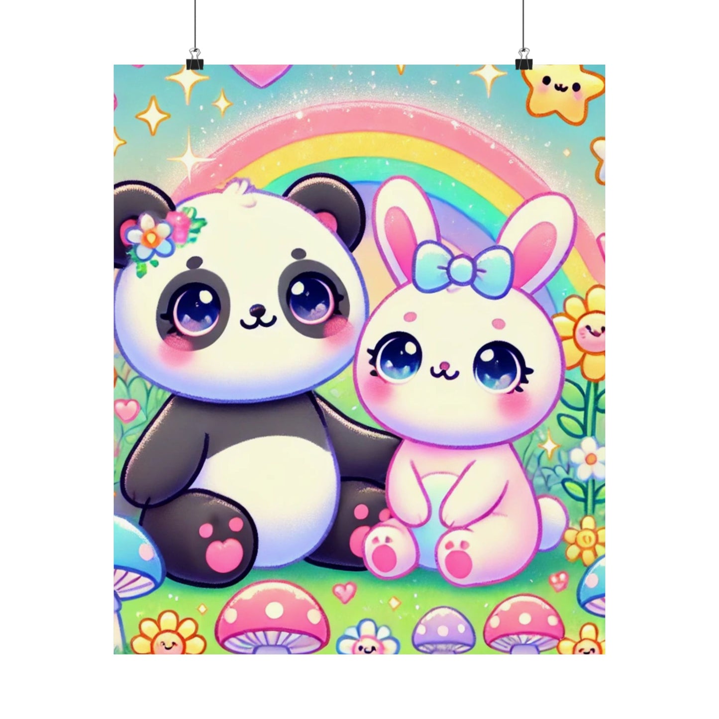 Pastel Panda and Bunny Rainbow Garden Wall Art Poster