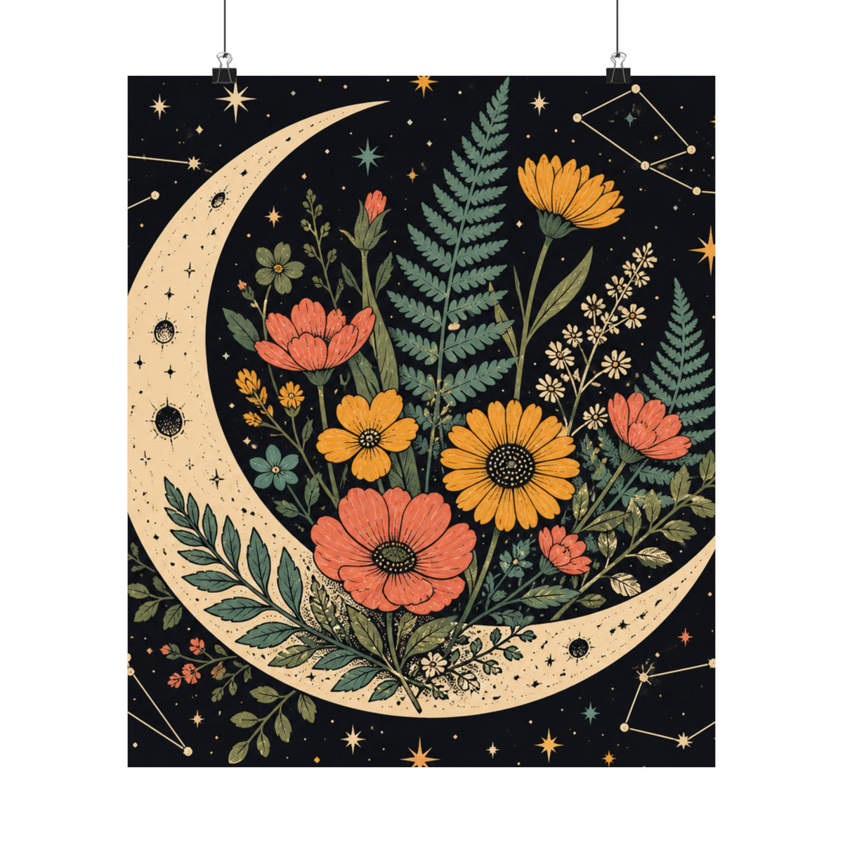 Celestial Wildflower Crescent Moon Botanical Art Poster