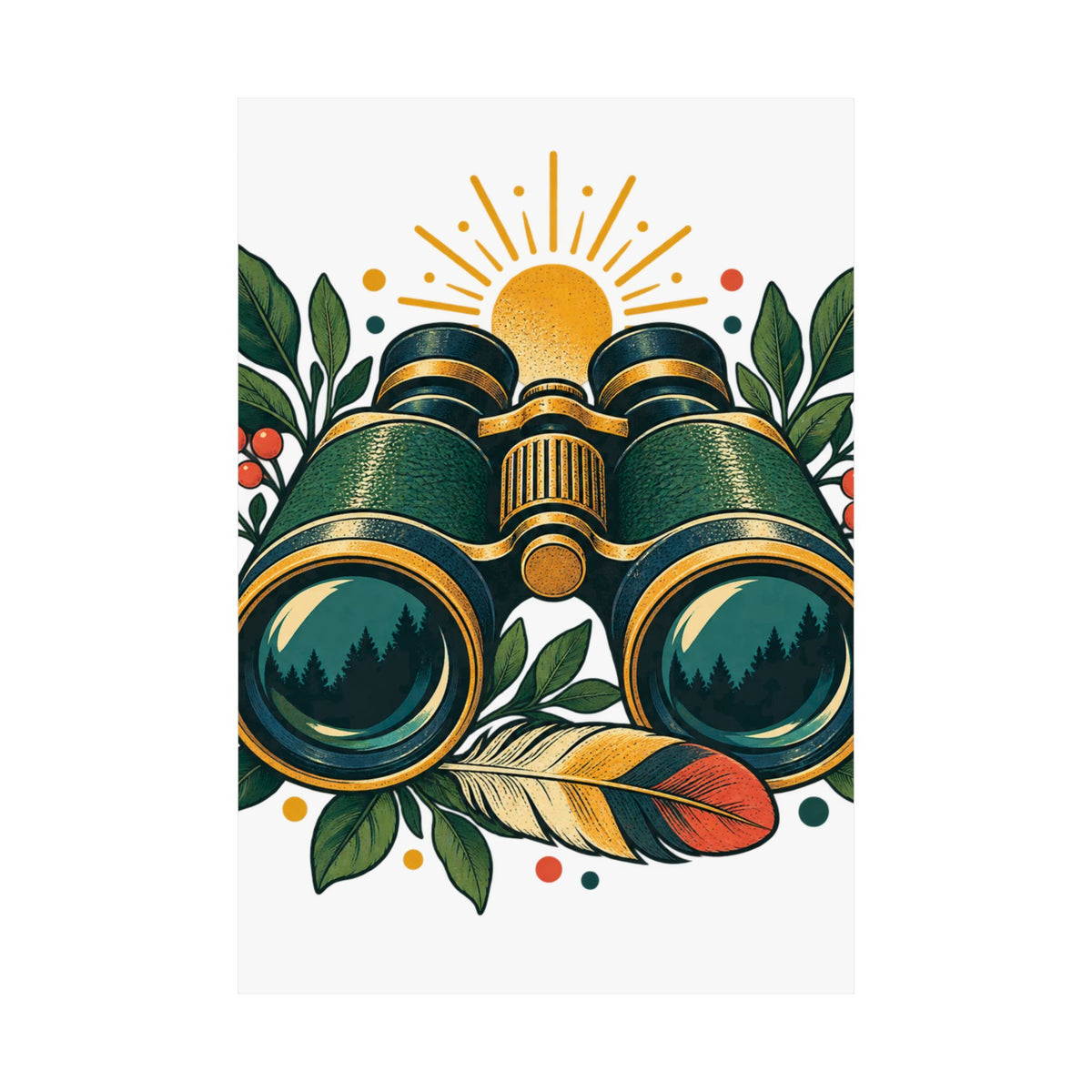 Retro Binoculars and Botanical Birdwatching Art Poster