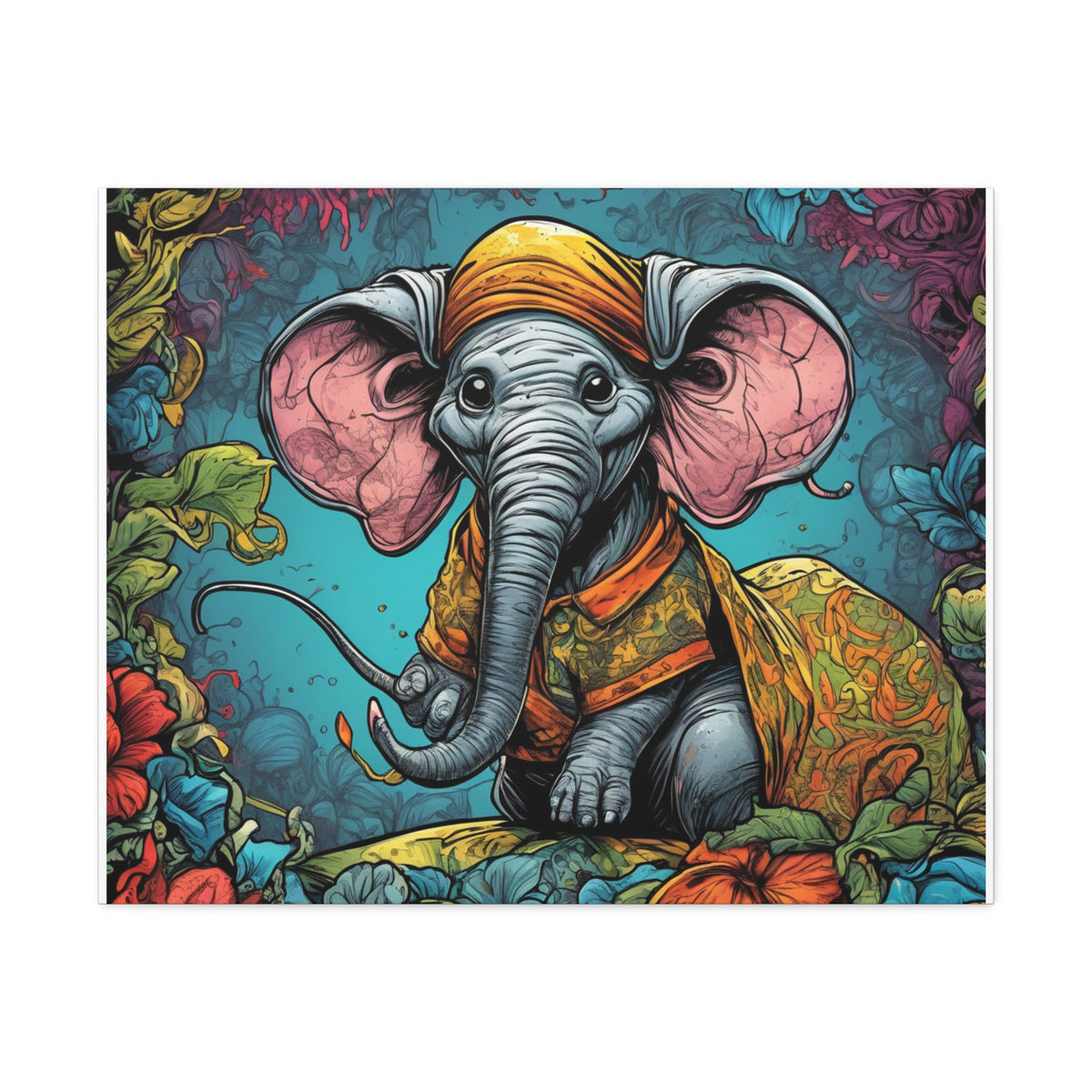 Colorful Storybook Elephant Floral Garden Canvas Wall Art