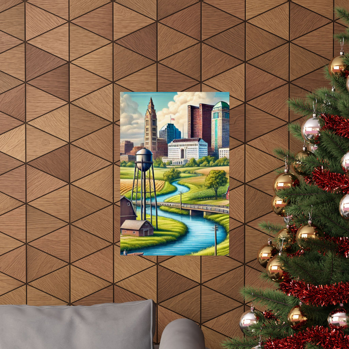 Rural River City Skyline Hometown Landscape Poster Art