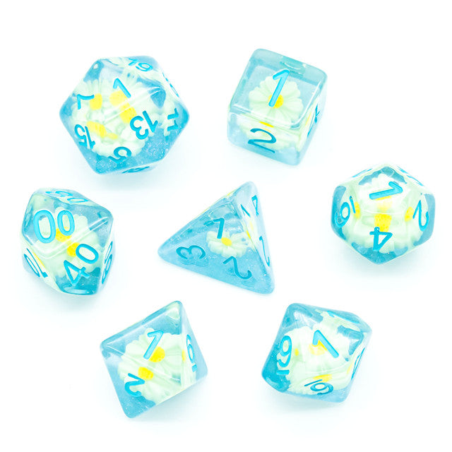 Sunflower Blue (Resin Flower) Dice 7-Dice Set Resin Dungeons and Dragons Dice