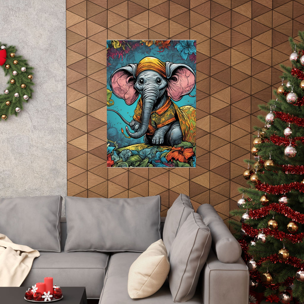 Colorful Storybook Elephant Floral Garden Wall Art Poster