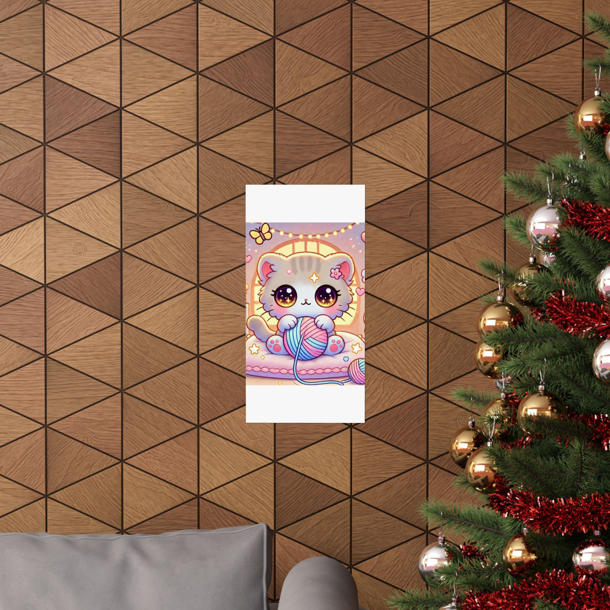Cozy Kawaii Knitting Cat Pastel Yarn Wall Art Poster