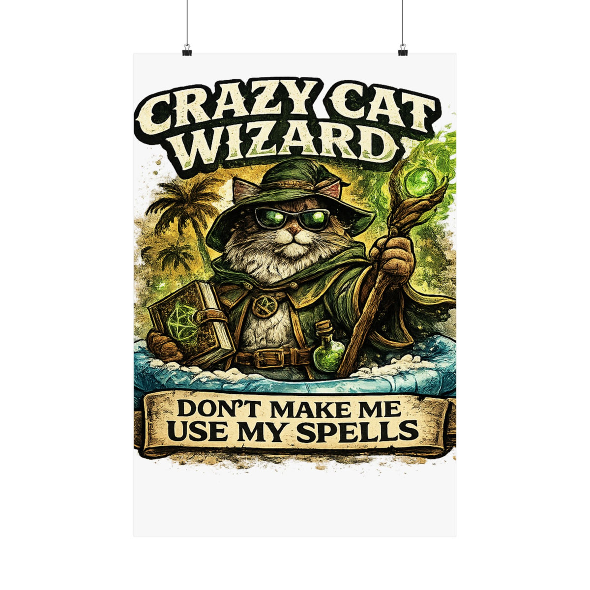 Crazy Cat Wizard Funny Fantasy Magic Art Poster