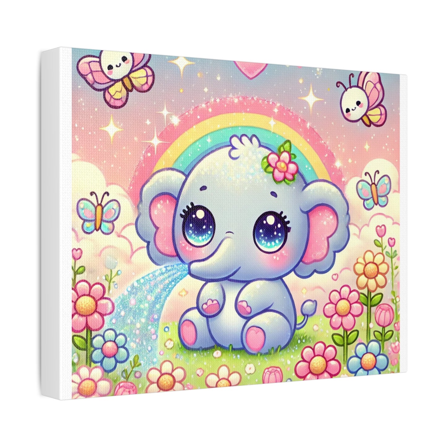 Pastel Rainbow Baby Elephant Floral Canvas Wall Art