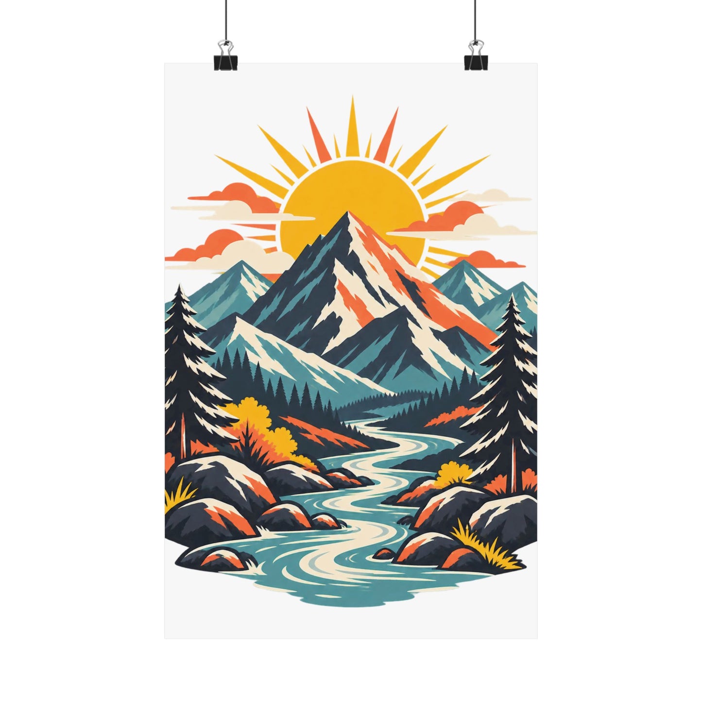 Alpine Sunrise River Mountain Adventure Art Poster
