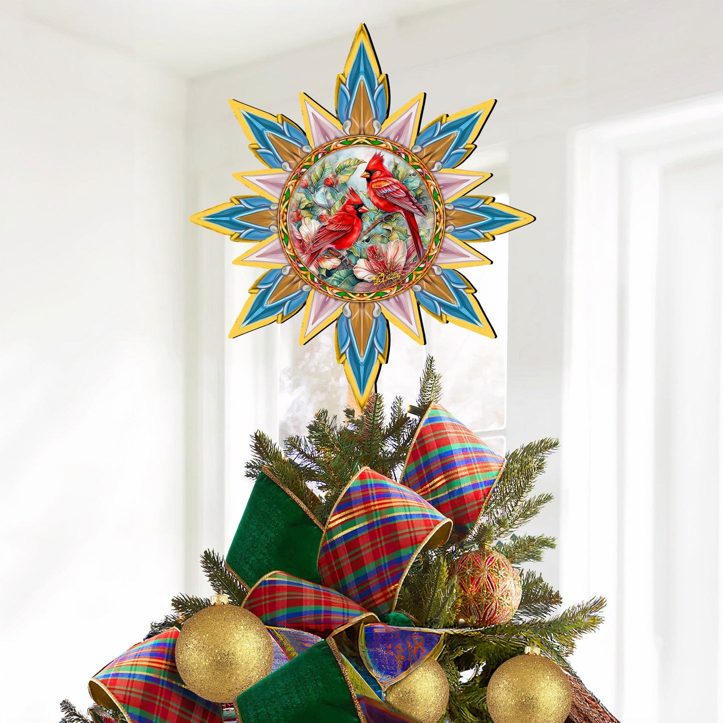 Christmas Cardinals Star Tree Topper Wooden Decor by G. Debrekht - Wildlife Holiday Decor - 89510