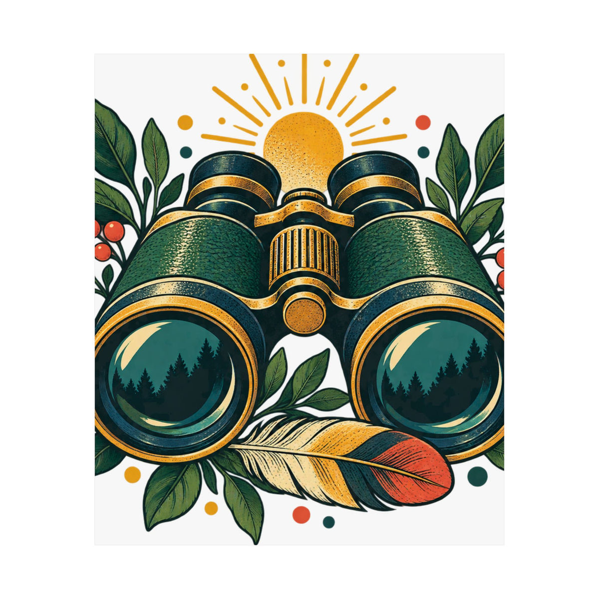 Retro Binoculars and Botanical Birdwatching Art Poster
