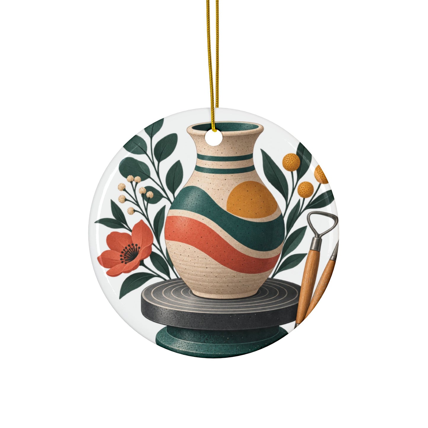 Midcentury Pottery Botanical Art Round Ornament