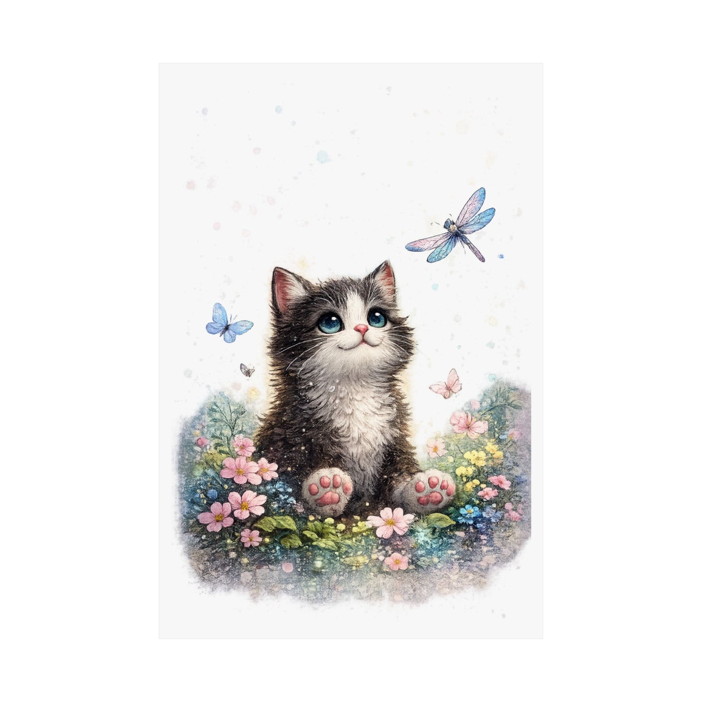 Whimsical Kitten Butterfly Garden Art Poster