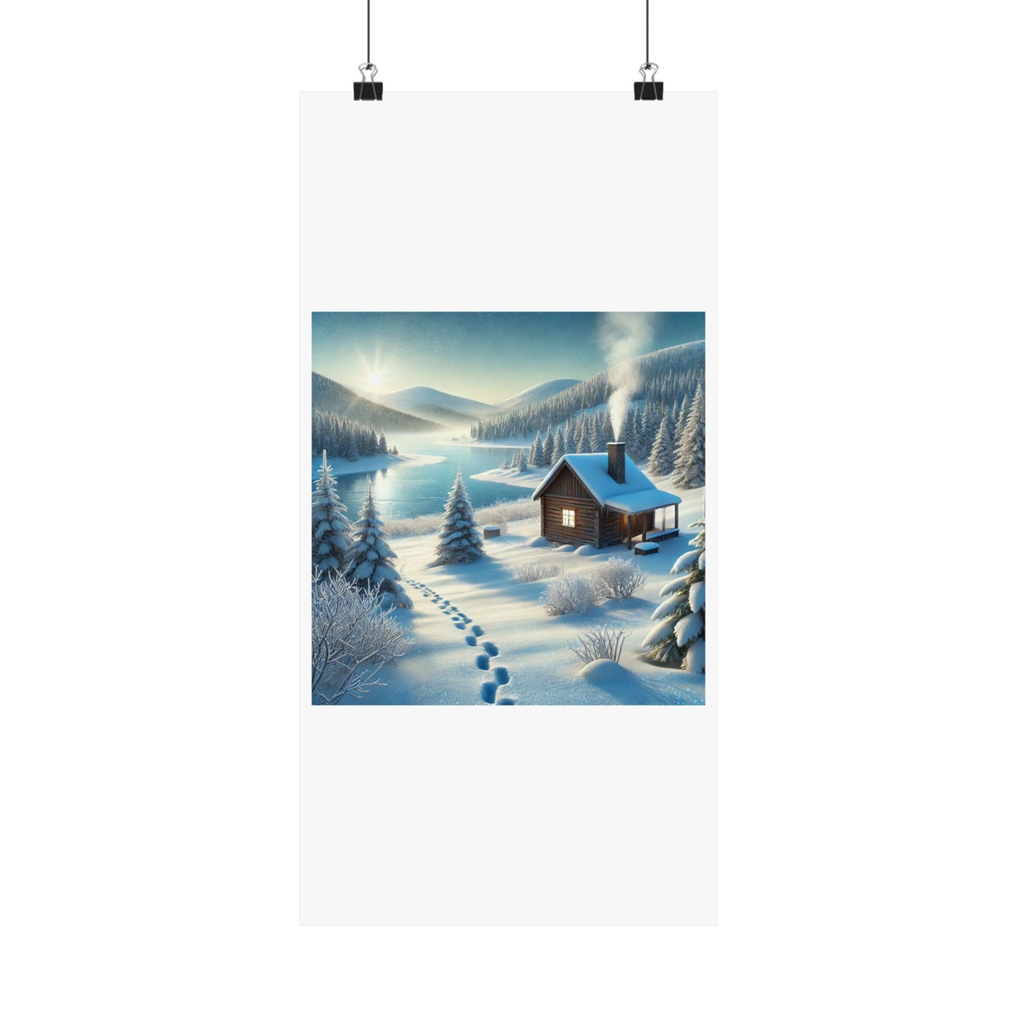 Snowy Cabin Winter Lake Landscape Art Poster