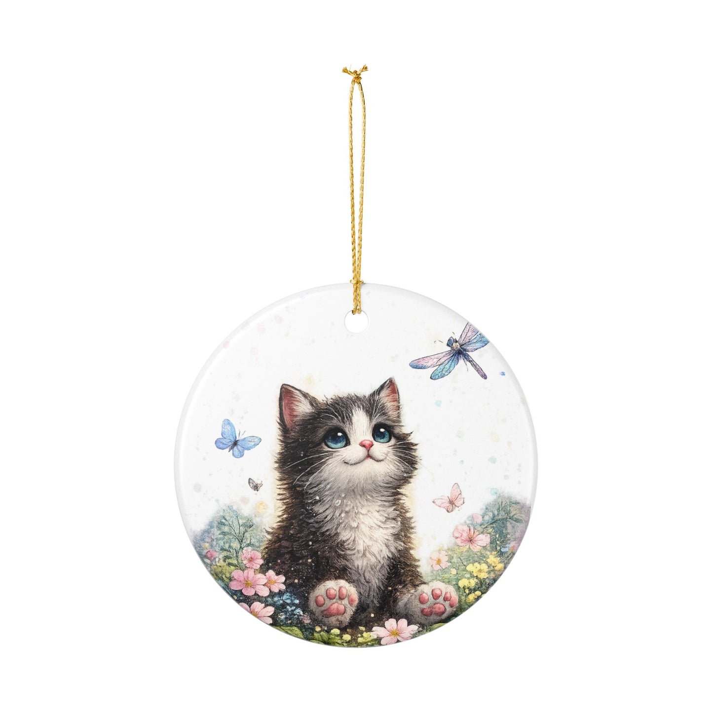 Whimsical Kitten Butterfly Garden Art Ceramic Ornament, Holiday Keepsake and Gif