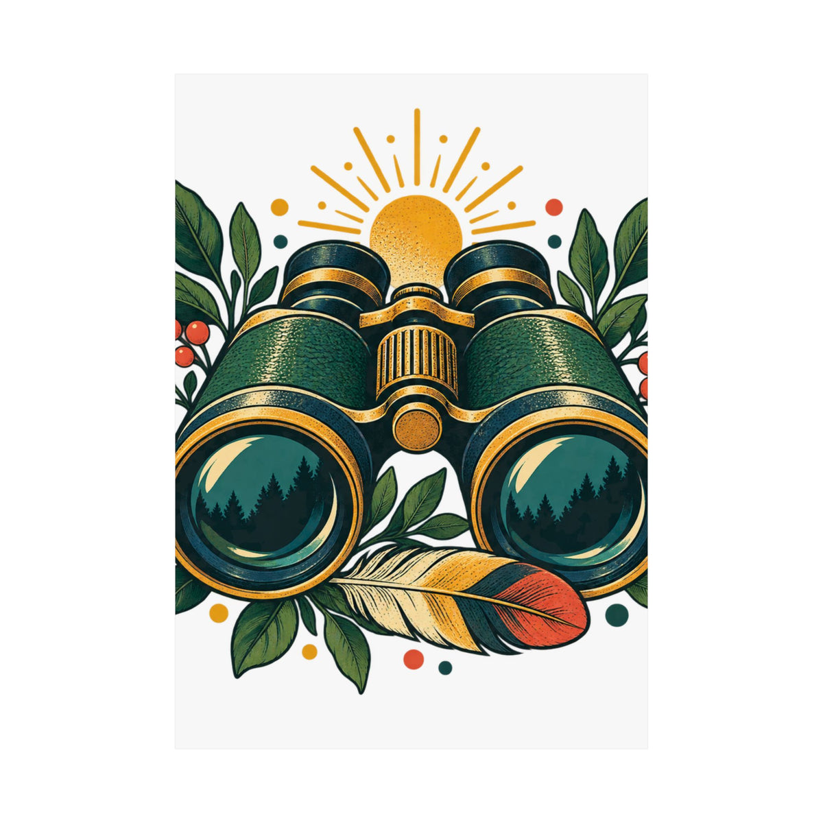 Retro Binoculars and Botanical Birdwatching Art Poster