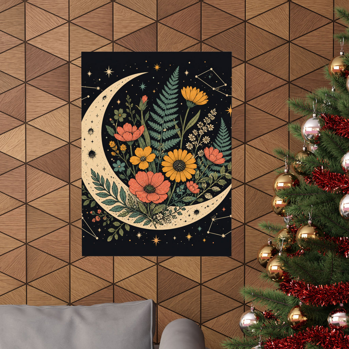 Celestial Wildflower Crescent Moon Botanical Art Poster