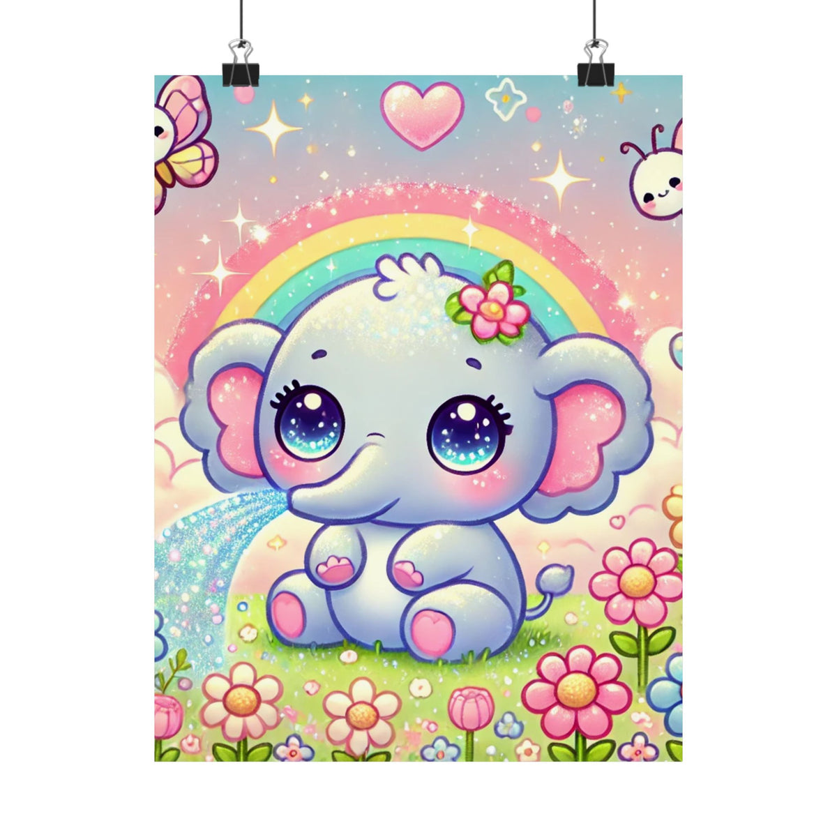 Pastel Rainbow Baby Elephant Floral Wall Art Poster