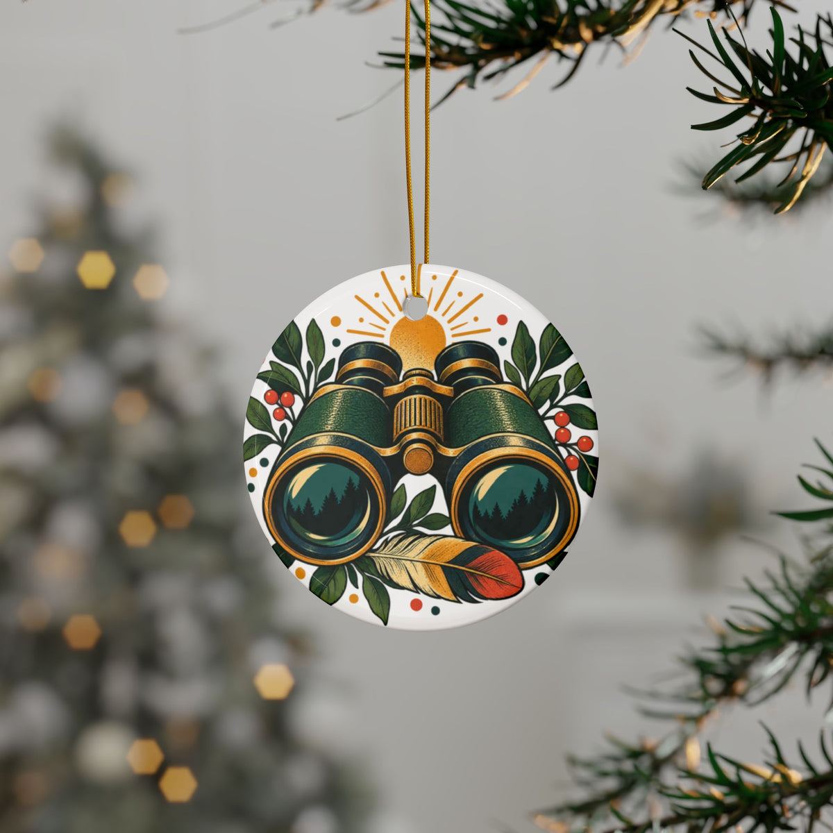 Retro Binoculars and Botanical Birdwatching Art Round Ornament