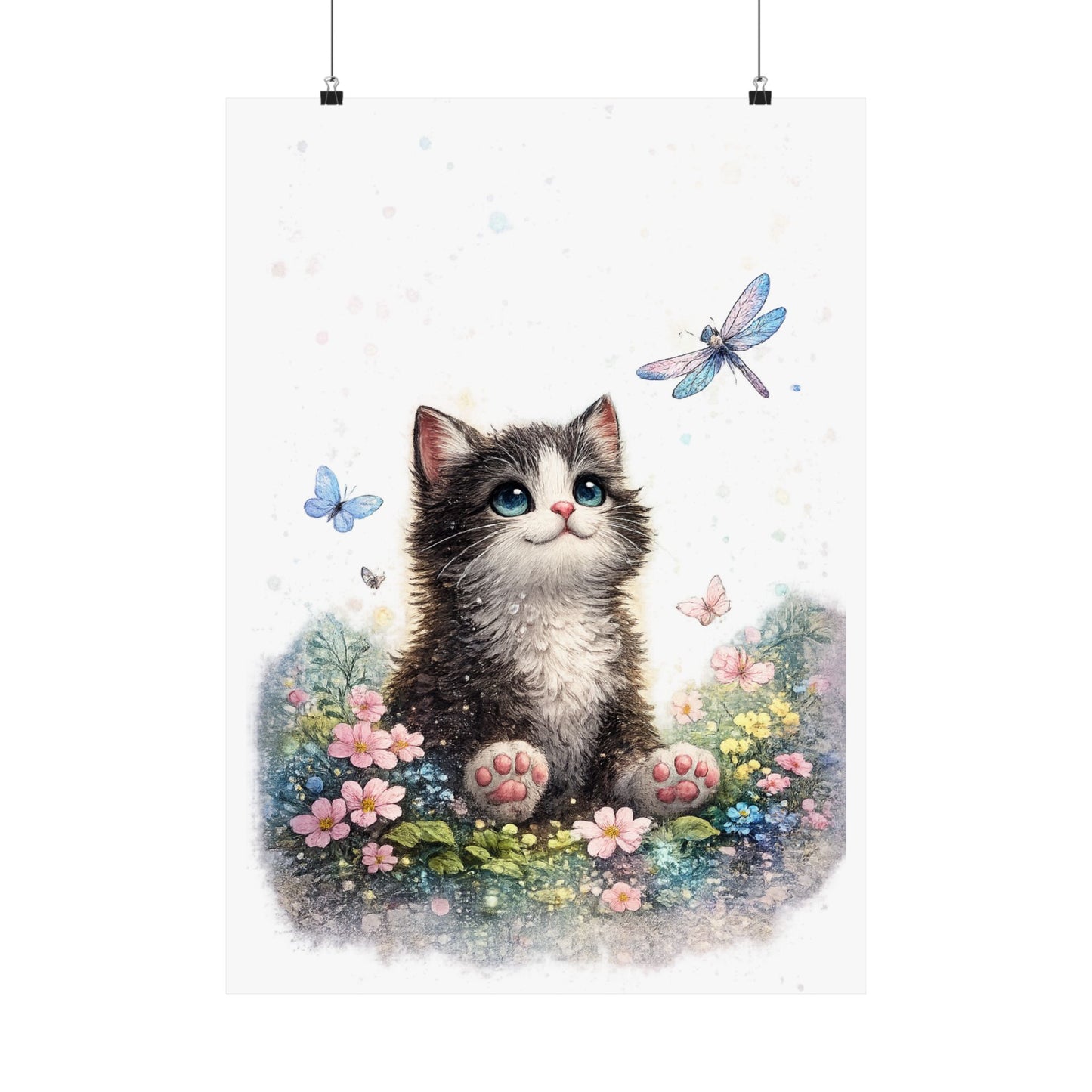 Whimsical Kitten Butterfly Garden Art Poster