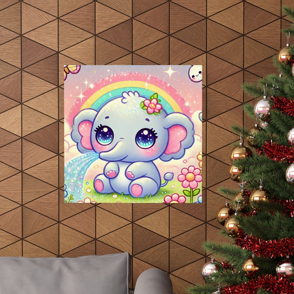 Pastel Rainbow Baby Elephant Floral Wall Art Poster