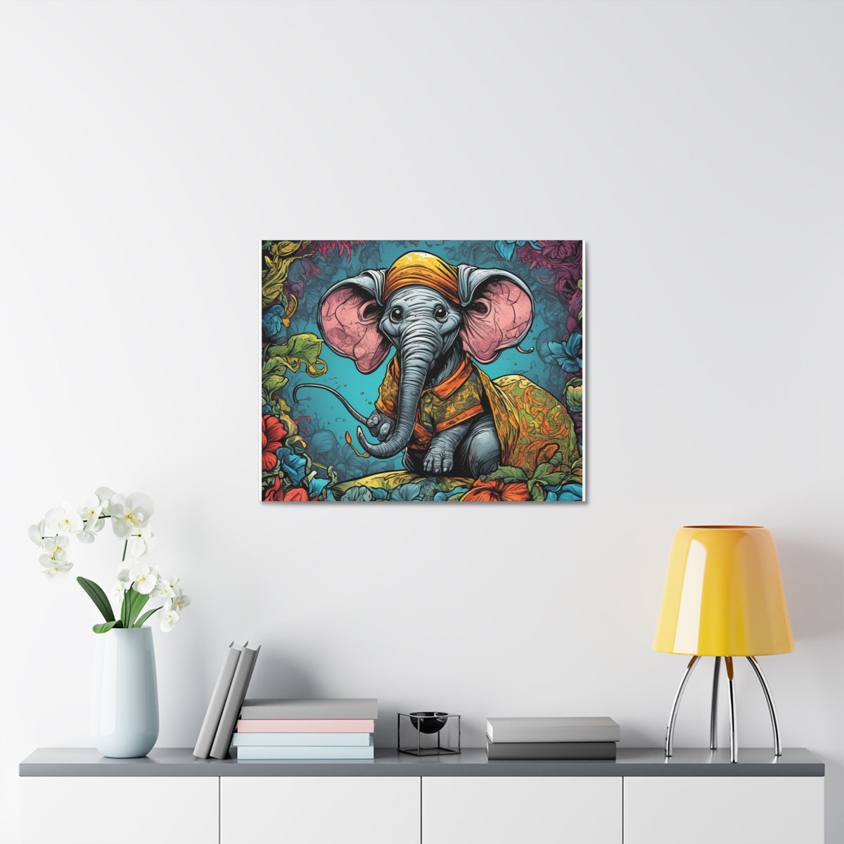 Colorful Storybook Elephant Floral Garden Canvas Wall Art