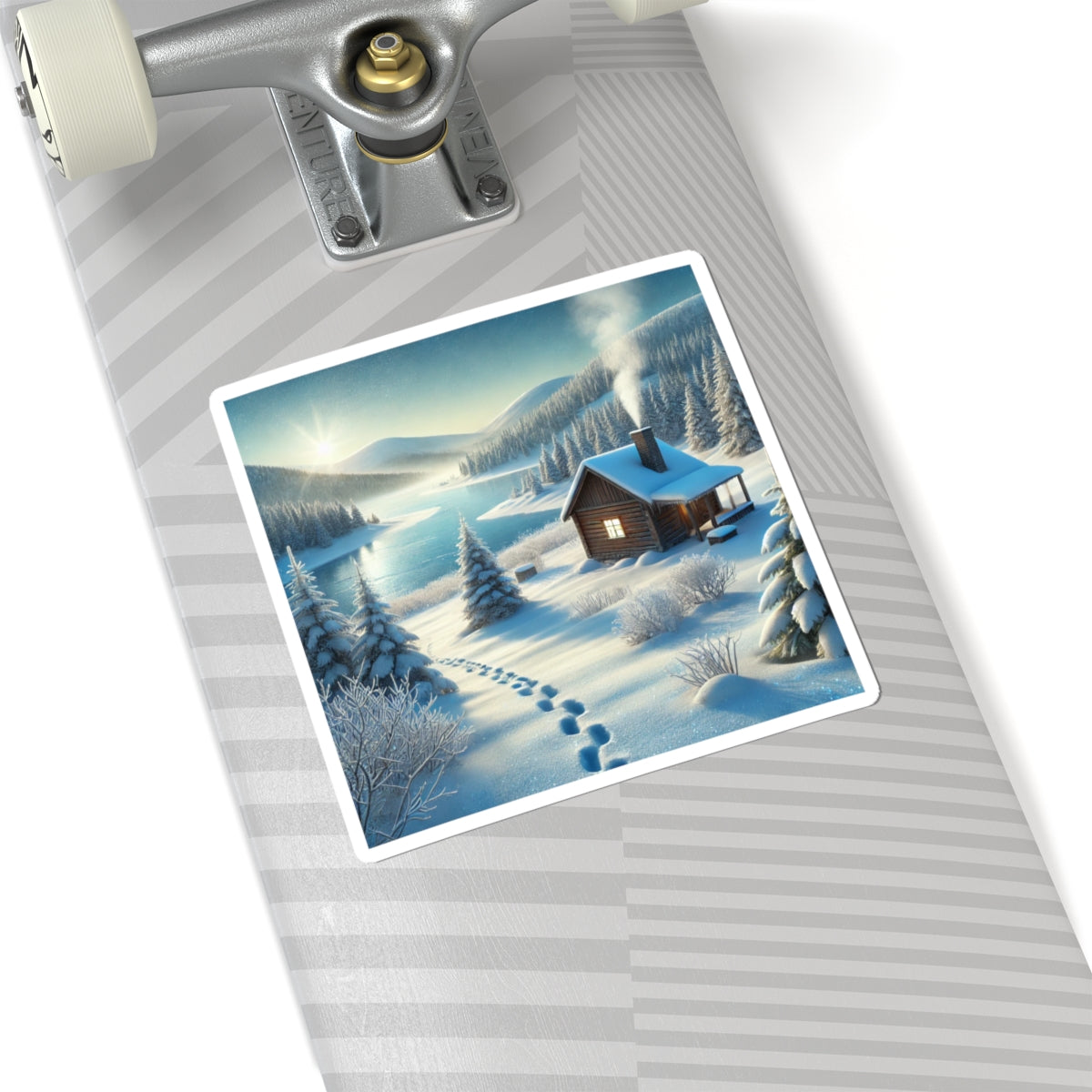 Snowy Cabin Winter Lake Landscape Art Sticker