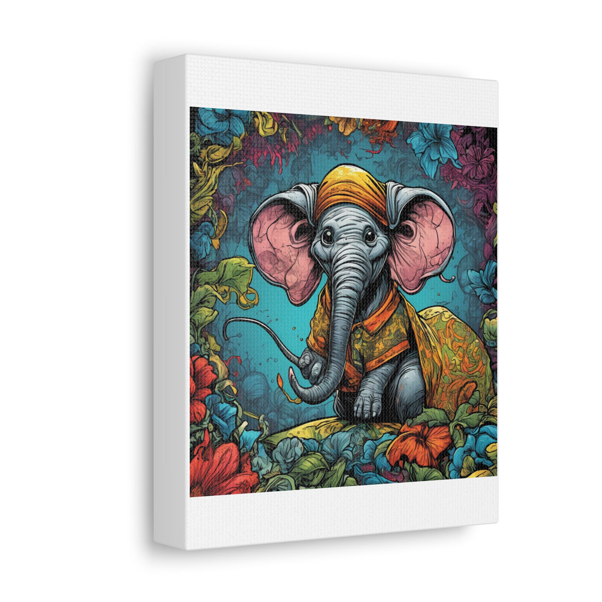 Colorful Storybook Elephant Floral Garden Canvas Wall Art