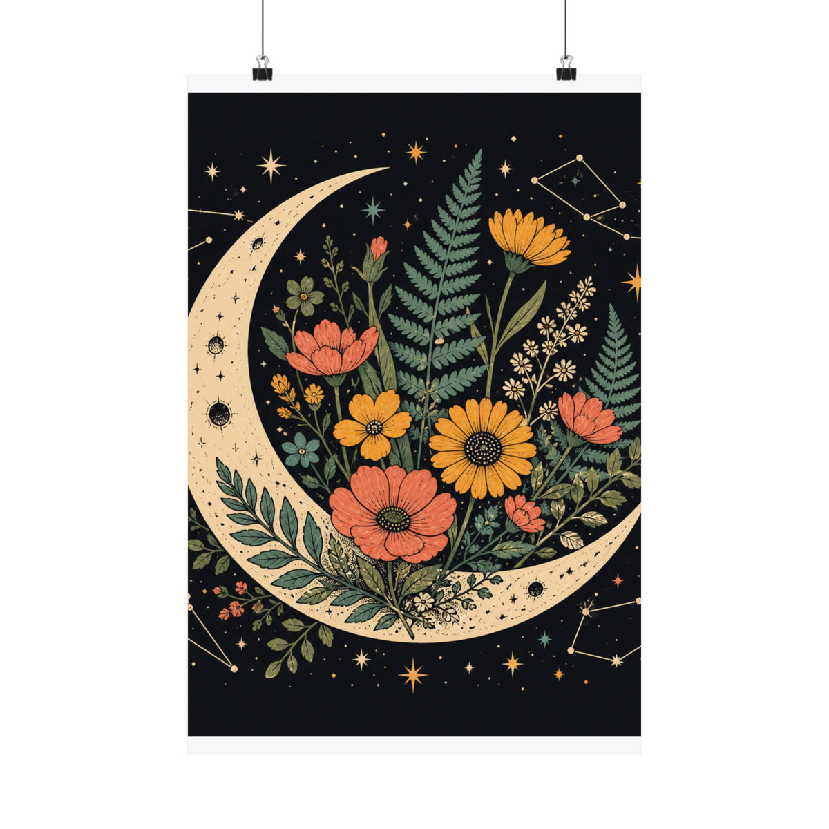 Celestial Wildflower Crescent Moon Botanical Art Poster